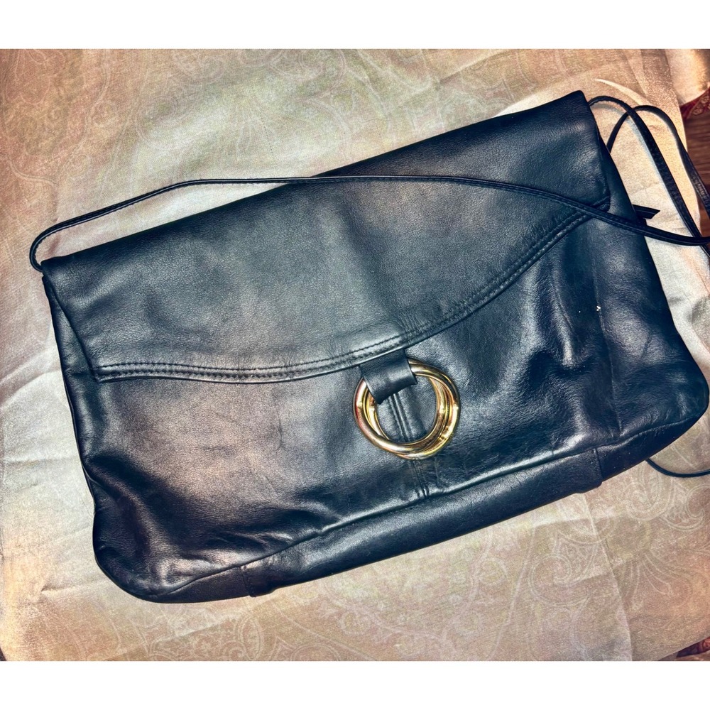 Amanda Smith Vintage Black Leather Crossbody Bag Gold Ring Accent Minimalist